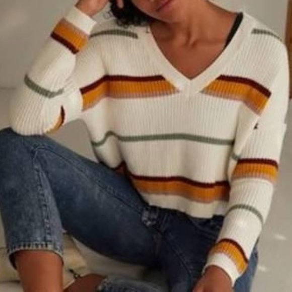 LA Hearts‎ Striped Cropped  V-Neck Pullover Sweater PacSun - Picture 1 of 7
